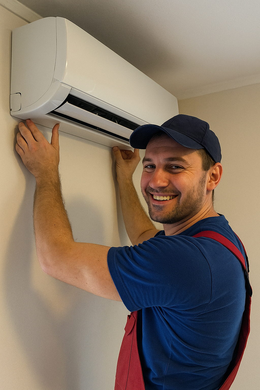 Profesionalni majstor sa osmehom montira klima uređaj